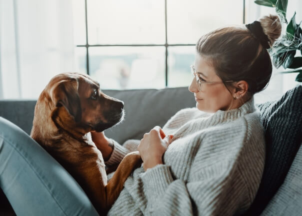 Woman Sitting with her Dog in a cozy house